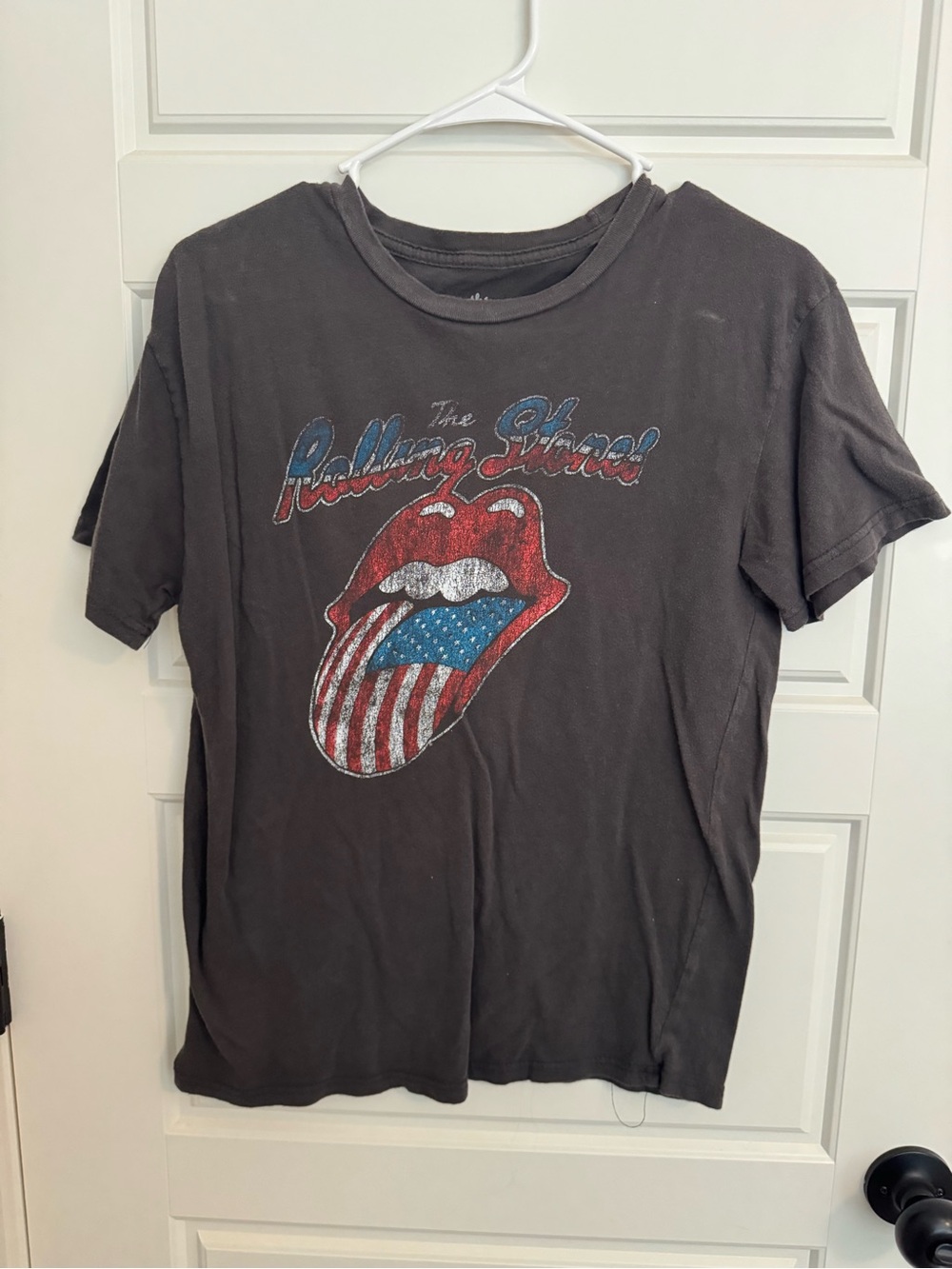 the Rolling Stones Black Kids Short Sleeve Tee with Patriotic Tongue Graphic